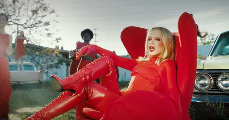 Kylie Minogue wears all red during the Padam Padam music video.