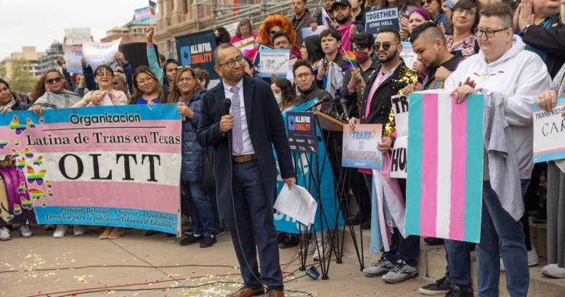 LGBTQ+ advocates rally together in support of trans rights as Republican lawmakers in Texas try to push back on the trans community and access to gender-affirming healthcare for trans youth in the state