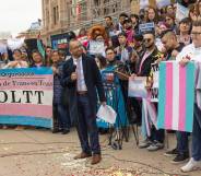 LGBTQ+ advocates rally together in support of trans rights as Republican lawmakers in Texas try to push back on the trans community and access to gender-affirming healthcare for trans youth in the state
