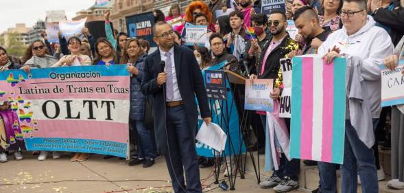 LGBTQ+ advocates rally together in support of trans rights as Republican lawmakers in Texas try to push back on the trans community and access to gender-affirming healthcare for trans youth in the state