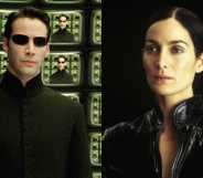 Neo, a white man wearing a black coat and sunglasses, standing in front of screens showing his image. Next to this is a picture of Trinity, a white woman with black hair, wearing a black leather jacket