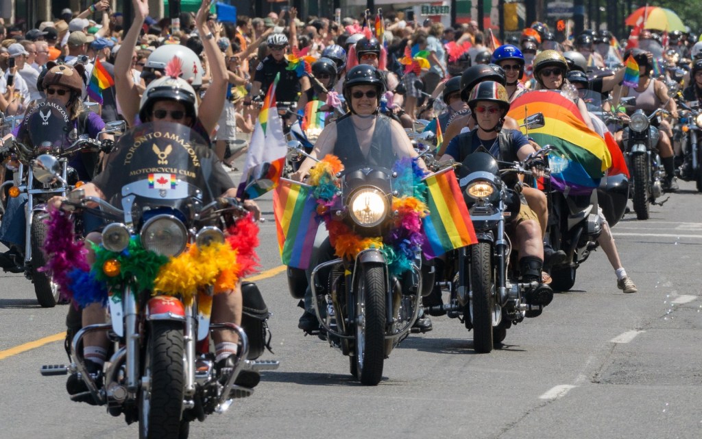 Female bikers in a Pride march in Ontario, Canada