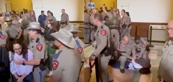 Side by side images of LGBTQ+ advocate Adri Pérez being thrown to the ground, physically restrained and arrested by law enforcement during protest against proposed ban on gender-affirming healthcare for trans youth in Texas