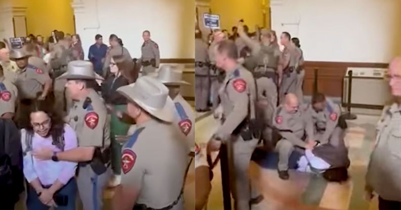 Side by side images of LGBTQ+ advocate Adri Pérez being thrown to the ground, physically restrained and arrested by law enforcement during protest against proposed ban on gender-affirming healthcare for trans youth in Texas