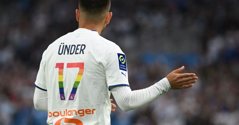 Marseille's Turkish forward Cengiz Under gestures during the French L1 football match between Olympique Marseille (OM) and SCO Angers at Stade Velodrome in Marseille, southern France, on May 14, 2023.