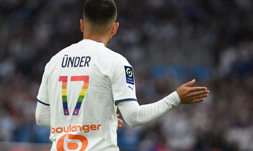 Marseille's Turkish forward Cengiz Under gestures during the French L1 football match between Olympique Marseille (OM) and SCO Angers at Stade Velodrome in Marseille, southern France, on May 14, 2023.