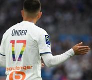 Marseille's Turkish forward Cengiz Under gestures during the French L1 football match between Olympique Marseille (OM) and SCO Angers at Stade Velodrome in Marseille, southern France, on May 14, 2023.
