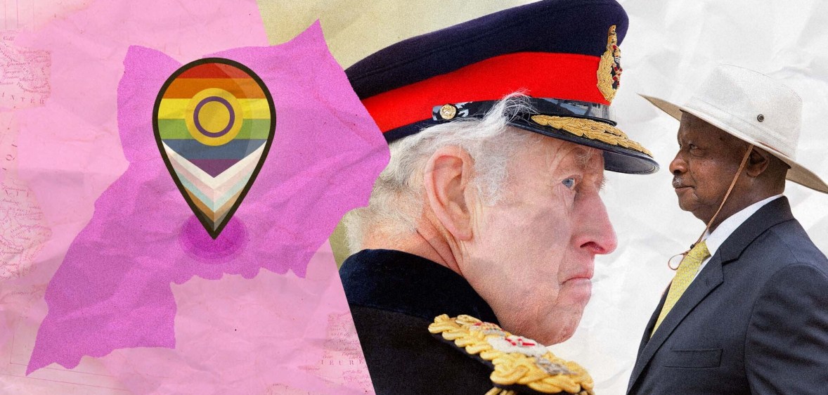 Collage of photos of Museveni and Charles looking in opposite directions.