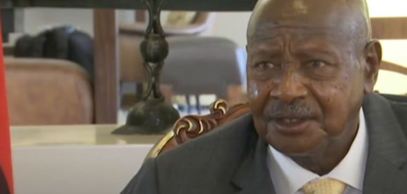 Uganda’s president Yoweri Museveni wears a suit and tie as he sits down for an interview about the country's latest attempts to attack the LGBTQ+ community via the Anti-Homosexuality Act