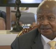 Uganda’s president Yoweri Museveni wears a suit and tie as he sits down for an interview about the country's latest attempts to attack the LGBTQ+ community via the Anti-Homosexuality Act