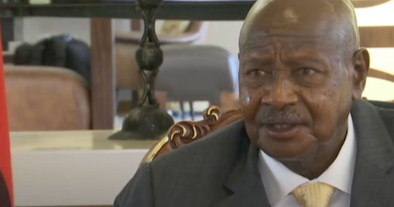 Uganda’s president Yoweri Museveni wears a suit and tie as he sits down for an interview about the country's latest attempts to attack the LGBTQ+ community via the Anti-Homosexuality Act