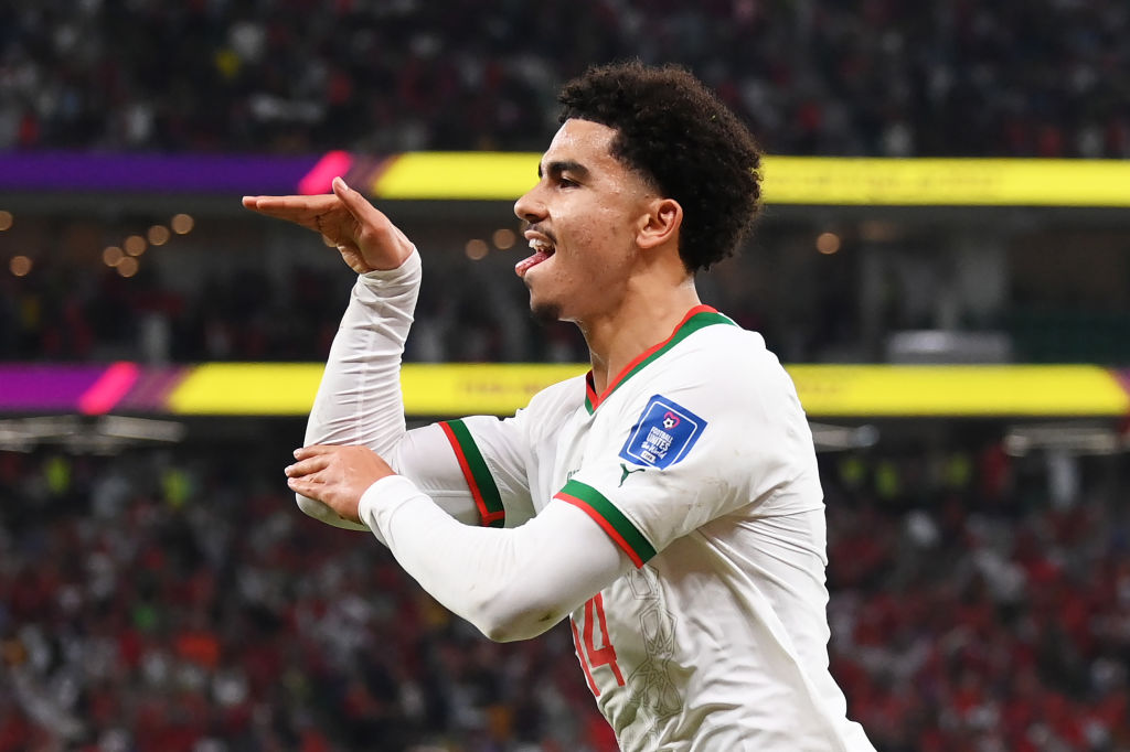 Zakaria Aboukhlal of Morocco celebrates after scoring their team's second goal during the FIFA World Cup.