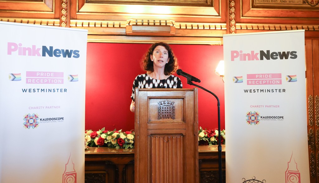 Anneliese Dodds addressing the PinkNews Westminster Pride Reception. (PinkNews)