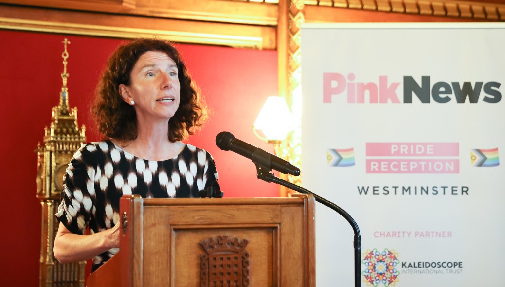 Shadow Secretary of State for Women and Equalities Anneliese Dodds speaks at the PinkNews Westminster Pride Reception