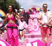 Barbie co-stars Alexandra Shipp (L) and Scott Evans (R) brought the camp to WeHo's Pride parade.