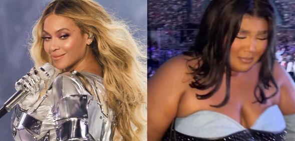 Beyoncé performs onstage during the “RENAISSANCE WORLD TOUR” at PGE Narodowy on June 27, 2023 in Warsaw, Poland (left) and Lizzo looking emotional as her name is called out