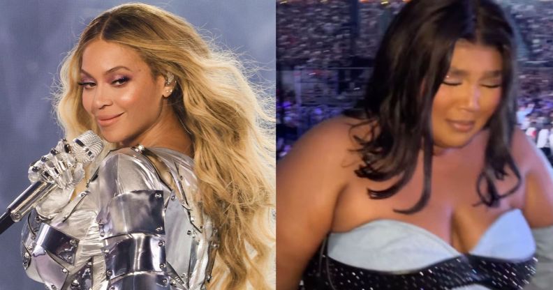 Beyoncé performs onstage during the “RENAISSANCE WORLD TOUR” at PGE Narodowy on June 27, 2023 in Warsaw, Poland (left) and Lizzo looking emotional as her name is called out
