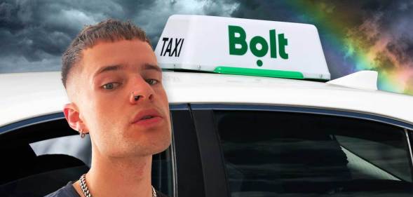 An edited image of Ell Hahn next to a Bolt taxi.