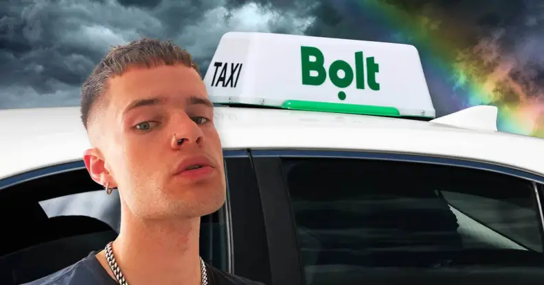 An edited image of Ell Hahn next to a Bolt taxi.