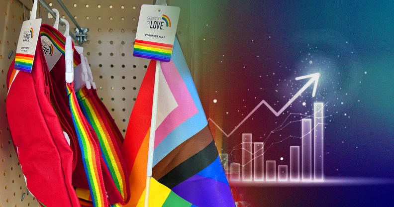 This is an image of Pride merchandise consisting of the inclusivity flag next to a graphical image of business statistics.