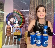 This is a side by side image of Dylan Mulvaney holding up cans of Bud Light on one side and a retail display of Pride merchandise at a Target store.