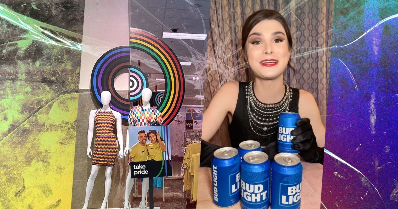 This is a side by side image of Dylan Mulvaney holding up cans of Bud Light on one side and a retail display of Pride merchandise at a Target store.