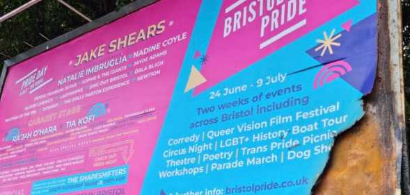 A photo of Bristol Pride's 2023 billboard, which was set alight less than 24 hours after it was put up.