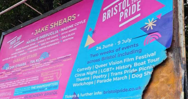 A photo of Bristol Pride's 2023 billboard, which was set alight less than 24 hours after it was put up.