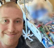 A picture of Bubba Pollock standing in front of a hospitalised man, blurred out