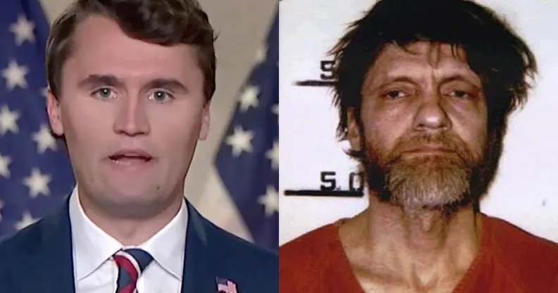 A split image of right-wing pundit Charlie Kirk and Unabomber Ted Kaczynski.