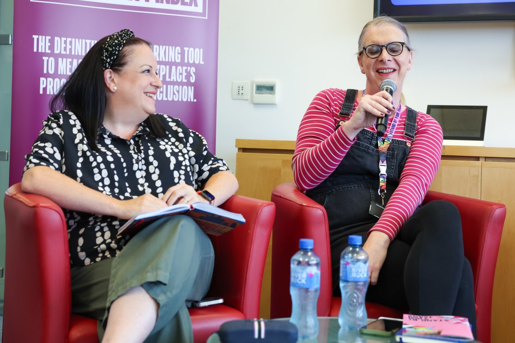 Cara McCann and Kirsty Mulholland speaking at the Citi community lunch, which was hosted in partnership with PinkNews.