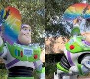 Stills from a viral TikTok video featuring Buzz Lightyear dancing with an LGBTQ+ rainbow Pride flag in a Disney parade