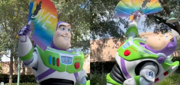 Stills from a viral TikTok video featuring Buzz Lightyear dancing with an LGBTQ+ rainbow Pride flag in a Disney parade