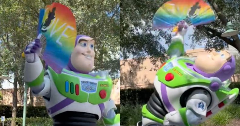 Stills from a viral TikTok video featuring Buzz Lightyear dancing with an LGBTQ+ rainbow Pride flag in a Disney parade
