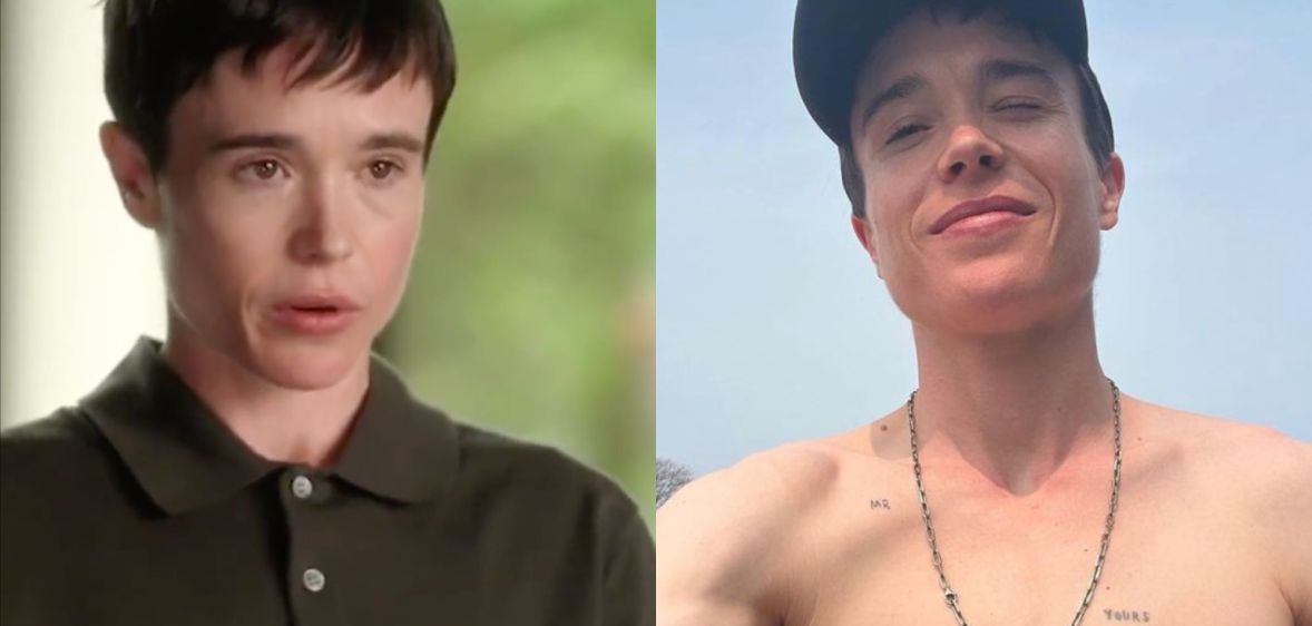 On the left, a still from Elliot Page's upcoming ABC News interview. On the right, Elliot Page poses topless for a selfie.