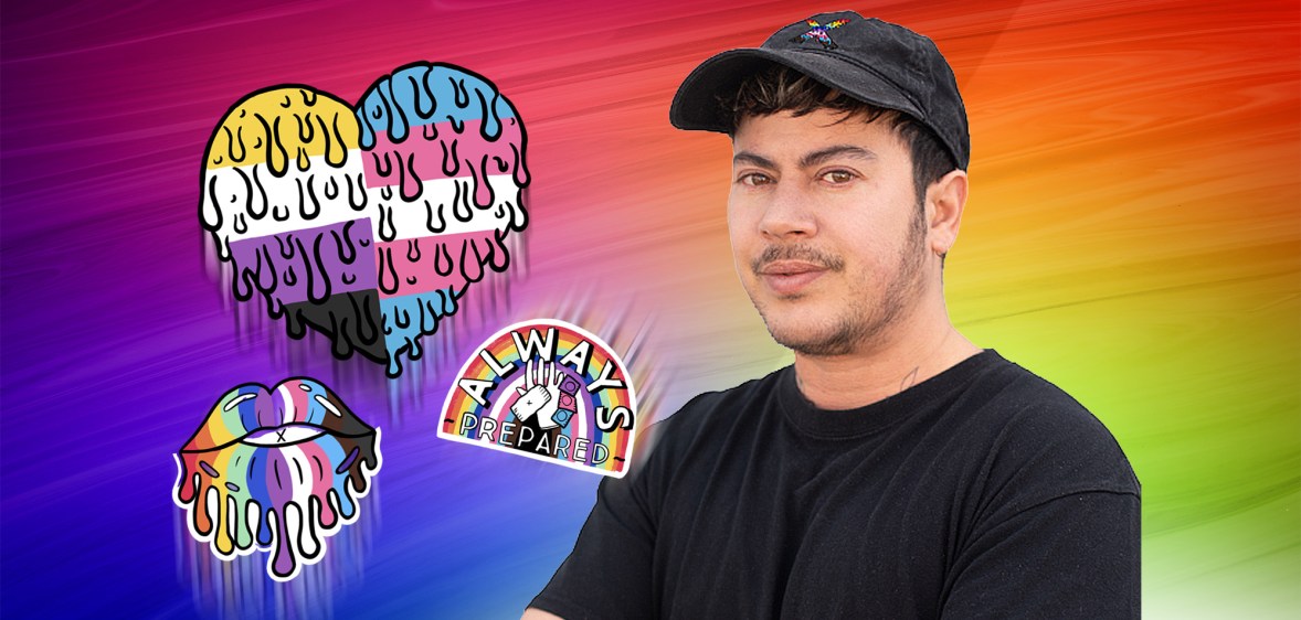 A composite image of artist Fox Fisher next to a series of illustrations that form part of his Pride collaboration with Durex