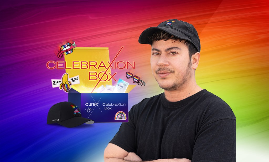 A composite image of Fox Fisher next to a Durex x Fox limited edition CelebraXion box, released to mark Pride