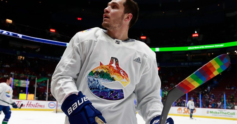 NHL player Bo Horvat of the Vancouver Canucks wears Pride jersey during warm-up in March 2022