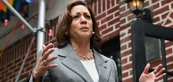 Vice president Kamala Harris addresses reporters outside the Stonewall Inn in New York City