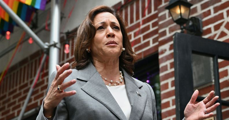 Vice president Kamala Harris addresses reporters outside the Stonewall Inn in New York City