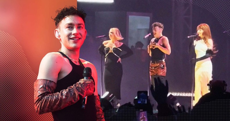 Olly Alexander on stage with Girls Aloud members Nicola Roberts and Kimberley Walsh from band Girls Aloud at Mighty Hoopla festival.