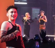 Olly Alexander on stage with Girls Aloud members Nicola Roberts and Kimberley Walsh from band Girls Aloud at Mighty Hoopla festival.