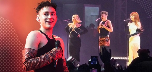 Olly Alexander on stage with Girls Aloud members Nicola Roberts and Kimberley Walsh from band Girls Aloud at Mighty Hoopla festival.