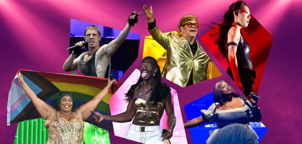 An image featuring several images of Glastonbury 2023 performers including Elton John and Lil Nas X.