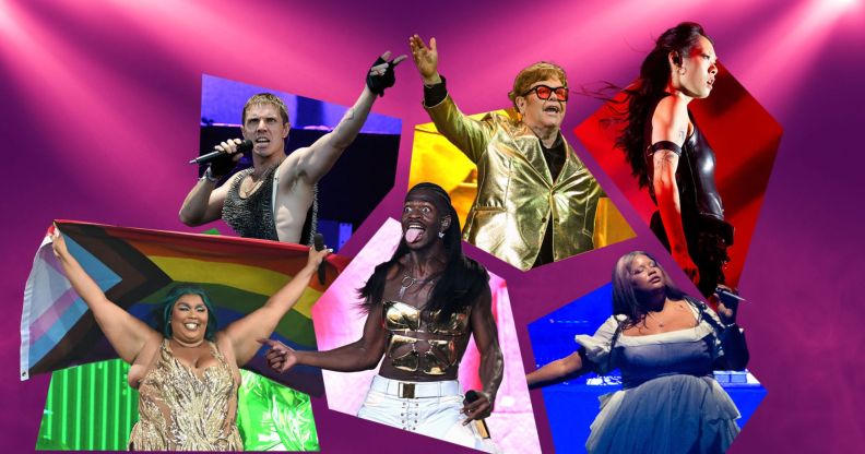 An image featuring several images of Glastonbury 2023 performers including Elton John and Lil Nas X.