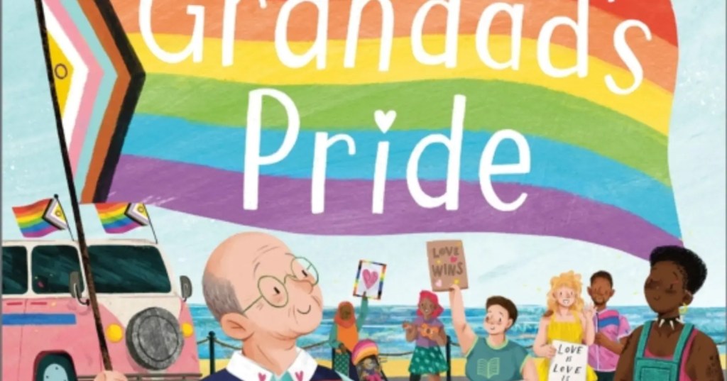 A picture of Grandad from Grandad's Pride waving a Progress Pride flag.