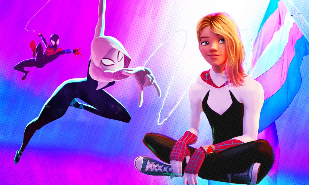 An edited image of Gwen Stacy from Spider-Man: Across the Spider-Verse next to the trans Pride flag.