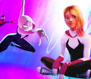 An edited image of Gwen Stacy from Spider-Man: Across the Spider-Verse next to the trans Pride flag.