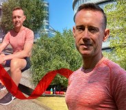 A composite image of Noel Watson sitting down (left) and in close-up while wearing a pink sports top