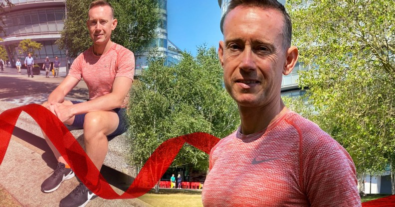 A composite image of Noel Watson sitting down (left) and in close-up while wearing a pink sports top